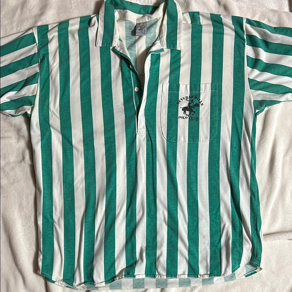 Sport Beverly Hills Polo Club Green and White Striped Polo Shirt